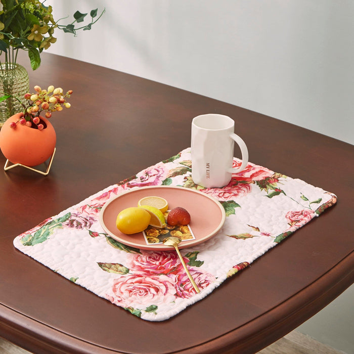 DaDa Bedding Set of 4-Pieces Romantic Roses Pink Floral Quilted Dining Placemats 13” x 19” (879)