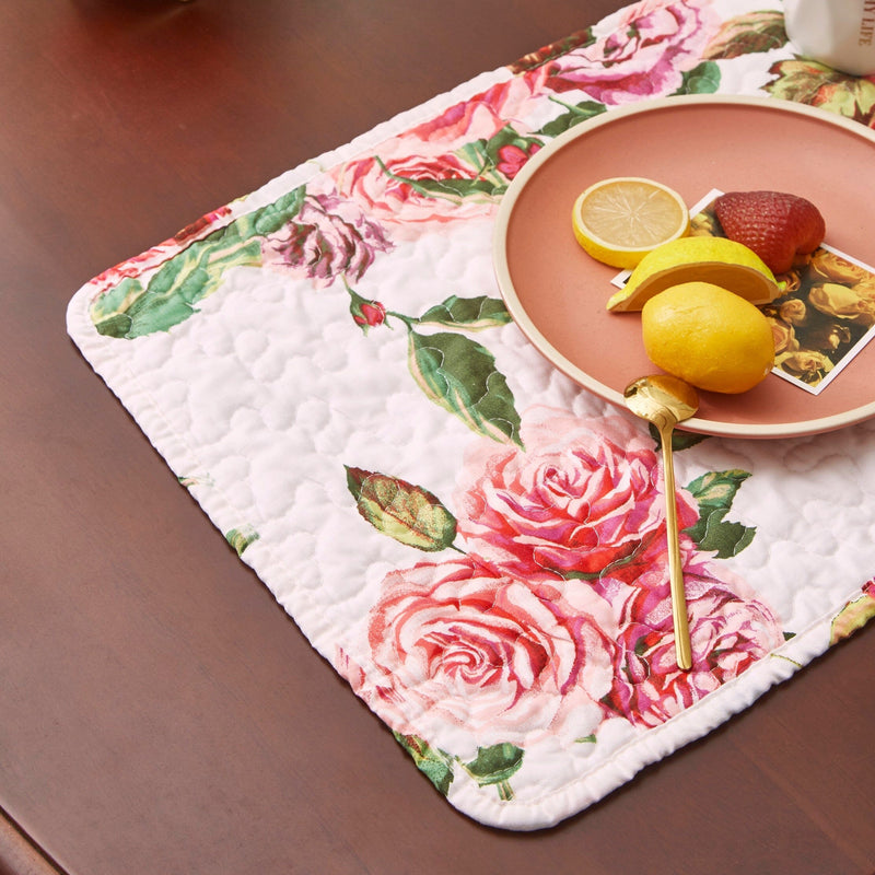 DaDa Bedding Set of 4-Pieces Romantic Roses Pink Floral Quilted Dining Placemats 13” x 19” (879) - DaDa Bedding Collection