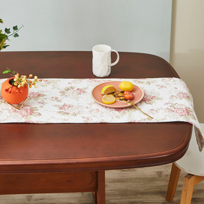 DaDa Bedding Hint of Mint Cottage Floral Roses Quilted Cotton Dining Table Runner (3036) - DaDa Bedding Collection