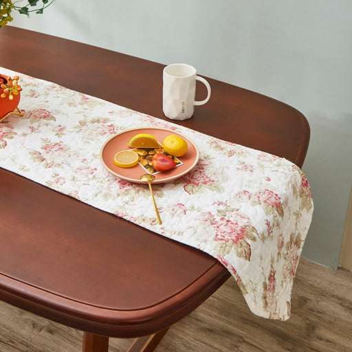 DaDa Bedding Hint of Mint Cottage Floral Roses Quilted Cotton Dining Table Runner (3036) - DaDa Bedding Collection