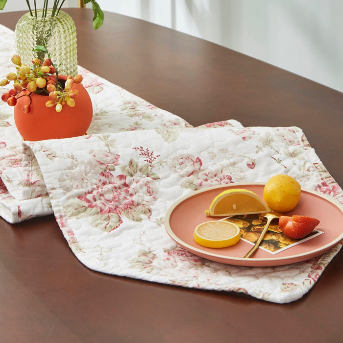DaDa Bedding Hint of Mint Cottage Floral Roses Quilted Cotton Dining Table Runner (3036)