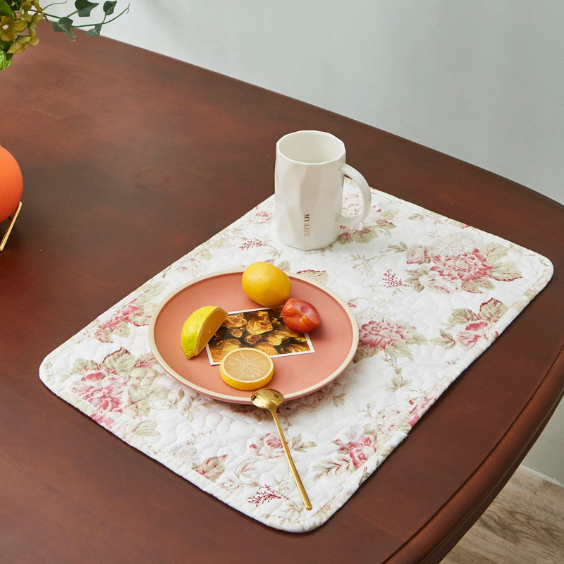 DaDa Bedding Set of 4-Pieces Dainty Cottage Floral Roses Quilted Cotton Dining Table Placemats 13” x 19” (3036) - DaDa Bedding Collection