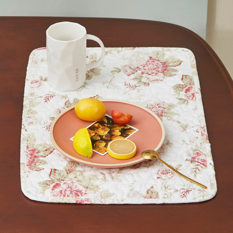 DaDa Bedding Set of 4-Pieces Dainty Cottage Floral Roses Quilted Cotton Dining Table Placemats 13” x 19” (3036) - DaDa Bedding Collection
