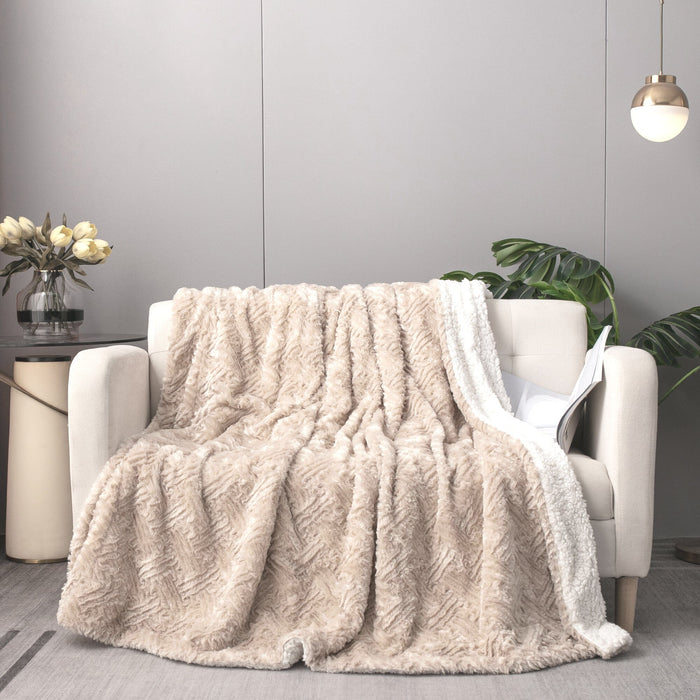 DaDalogy Bedding Champagne Ivory Faux Fur Throw Blanket - Dreamy Gold Geometric Embossed Sherpa Backside - Super Soft Warm Cozy Plush Fluffy