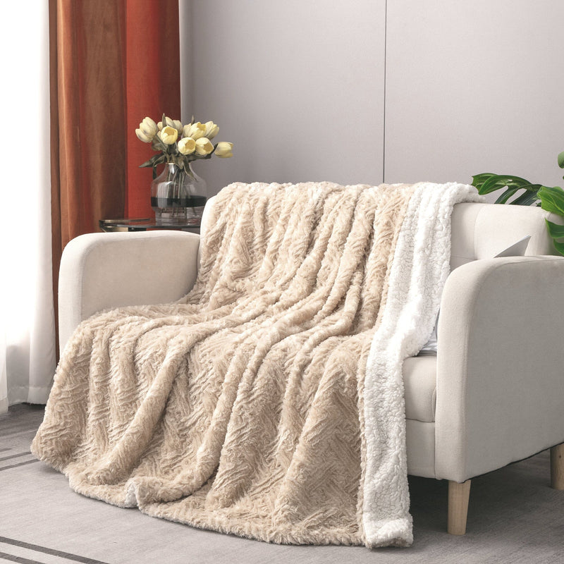 DaDalogy Bedding Champagne Ivory Faux Fur Throw Blanket - Dreamy Gold Geometric Embossed Sherpa Backside - Super Soft Warm Cozy Plush Fluffy - DaDa Bedding Collection