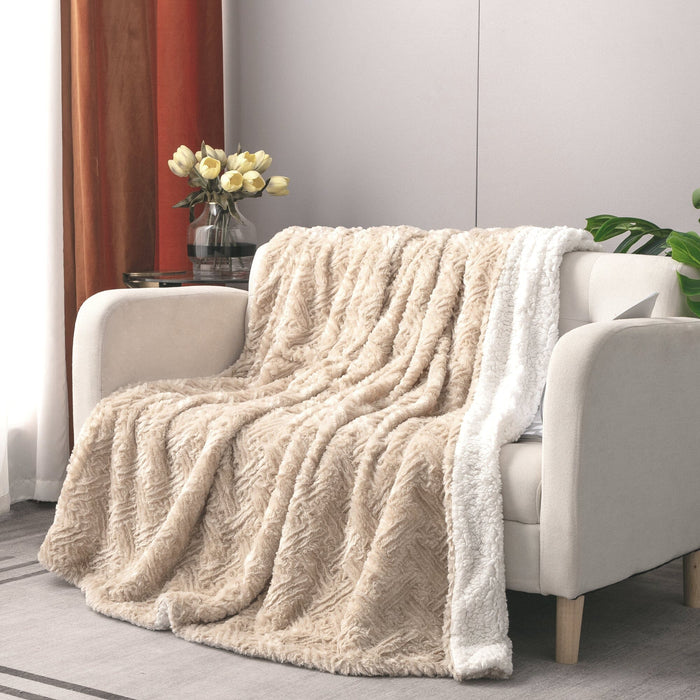 DaDalogy Bedding Champagne Ivory Faux Fur Throw Blanket - Dreamy Gold Geometric Embossed Sherpa Backside - Super Soft Warm Cozy Plush Fluffy