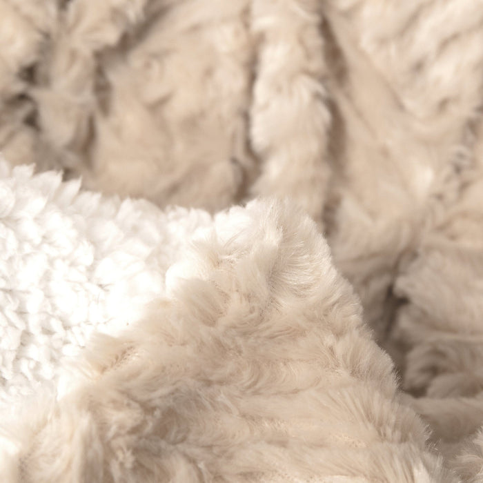 DaDalogy Bedding Champagne Ivory Faux Fur Throw Blanket - Dreamy Gold Geometric Embossed Sherpa Backside - Super Soft Warm Cozy Plush Fluffy