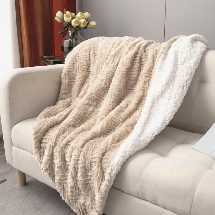 DaDalogy Bedding Champagne Ivory Faux Fur Throw Blanket - Dreamy Gold Geometric Embossed Sherpa Backside - Super Soft Warm Cozy Plush Fluffy