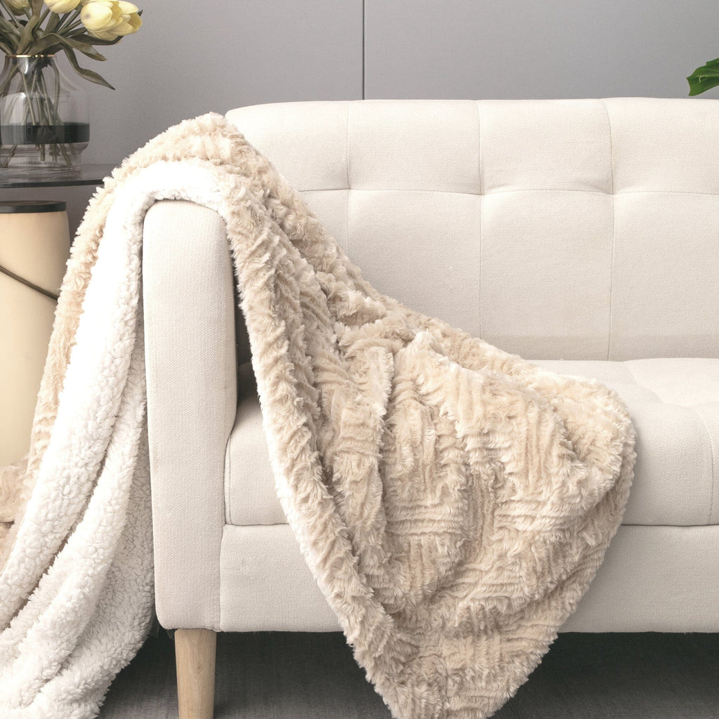 DaDalogy Bedding Champagne Ivory Faux Fur Throw Blanket - Dreamy Gold Geometric Embossed Sherpa Backside - Super Soft Warm Cozy Plush Fluffy - DaDa Bedding Collection