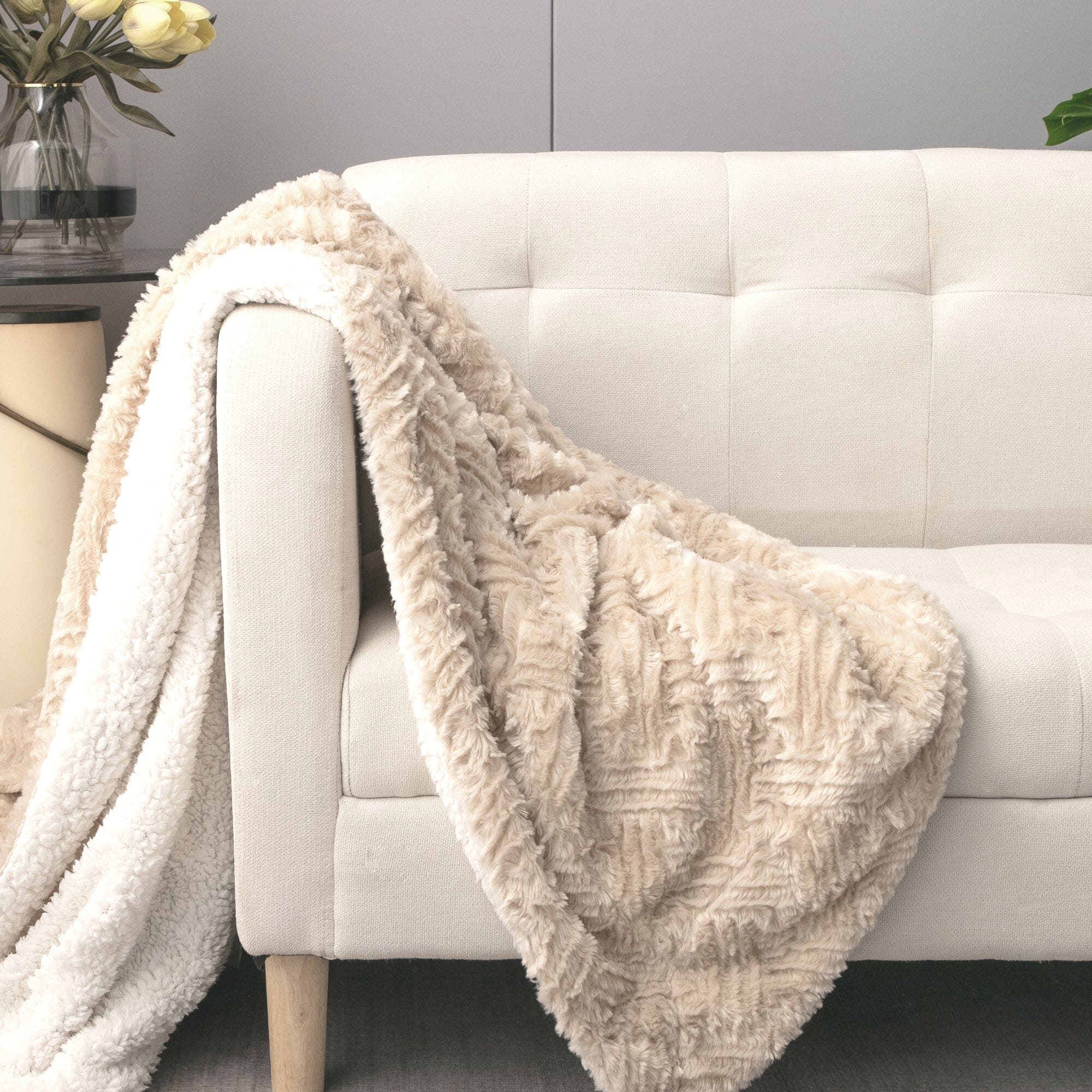 DaDalogy Bedding Champagne Ivory Faux Fur Throw Blanket - Dreamy Gold Geometric Embossed Sherpa Backside - Super Soft Warm Cozy Plush Fluffy - DaDa Bedding Collection