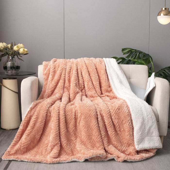 DaDa Bedding Coral Peach Rose Faux Fur Throw Blanket - Dreamy Geometric Embossed Sherpa Backside - Super Soft Warm Cozy Plush Fluffy