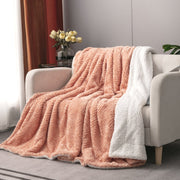 DaDa Bedding Coral Peach Rose Faux Fur Throw Blanket - Dreamy Geometric Embossed Sherpa Backside - Super Soft Warm Cozy Plush Fluffy - DaDa Bedding Collection