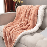 DaDa Bedding Coral Peach Rose Faux Fur Throw Blanket - Dreamy Geometric Embossed Sherpa Backside - Super Soft Warm Cozy Plush Fluffy - DaDa Bedding Collection