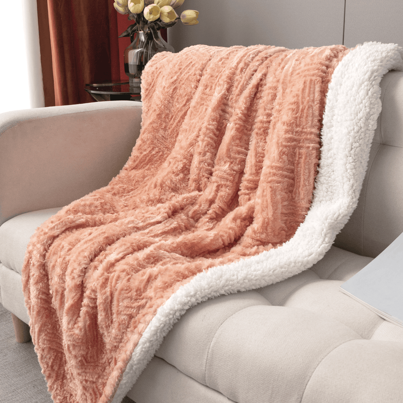 DaDa Bedding Coral Peach Rose Faux Fur Throw Blanket - Dreamy Geometric Embossed Sherpa Backside - Super Soft Warm Cozy Plush Fluffy - DaDa Bedding Collection