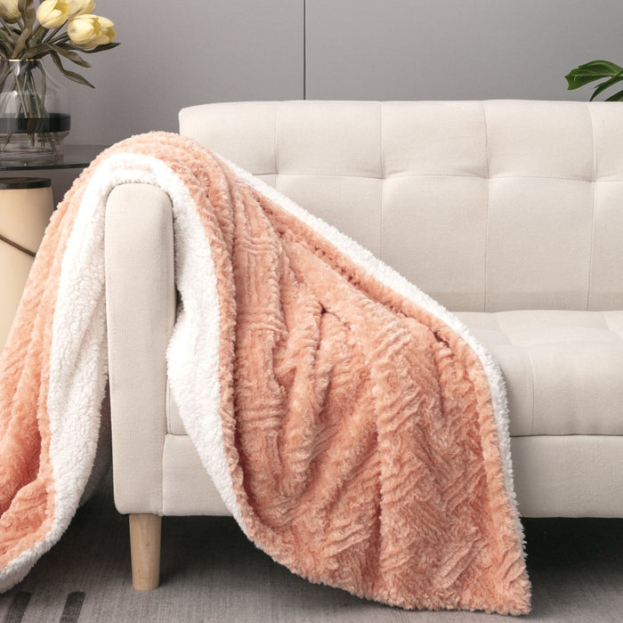 DaDa Bedding Coral Peach Rose Faux Fur Throw Blanket - Dreamy Geometric Embossed Sherpa Backside - Super Soft Warm Cozy Plush Fluffy