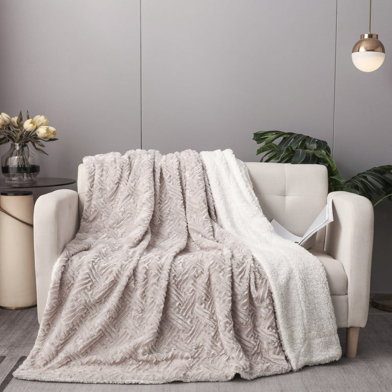 DaDalogy Bedding Lavender Grey Faux Fur Throw Blanket - Dreamy Geometric Embossed Sherpa Backside - Super Soft Warm Cozy Plush Fluffy - DaDa Bedding Collection
