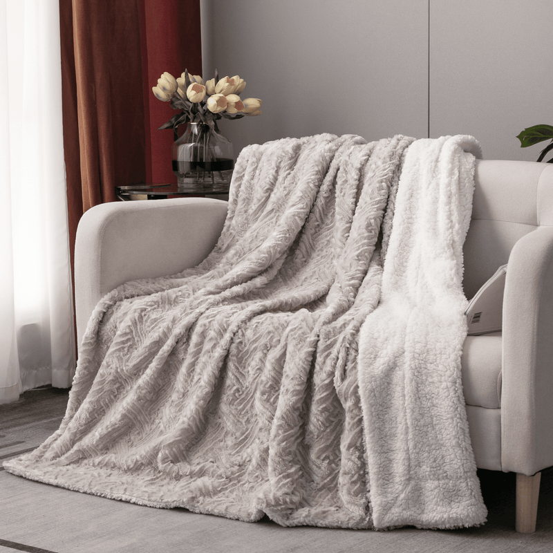 DaDalogy Bedding Lavender Grey Faux Fur Throw Blanket - Dreamy Geometric Embossed Sherpa Backside - Super Soft Warm Cozy Plush Fluffy - DaDa Bedding Collection
