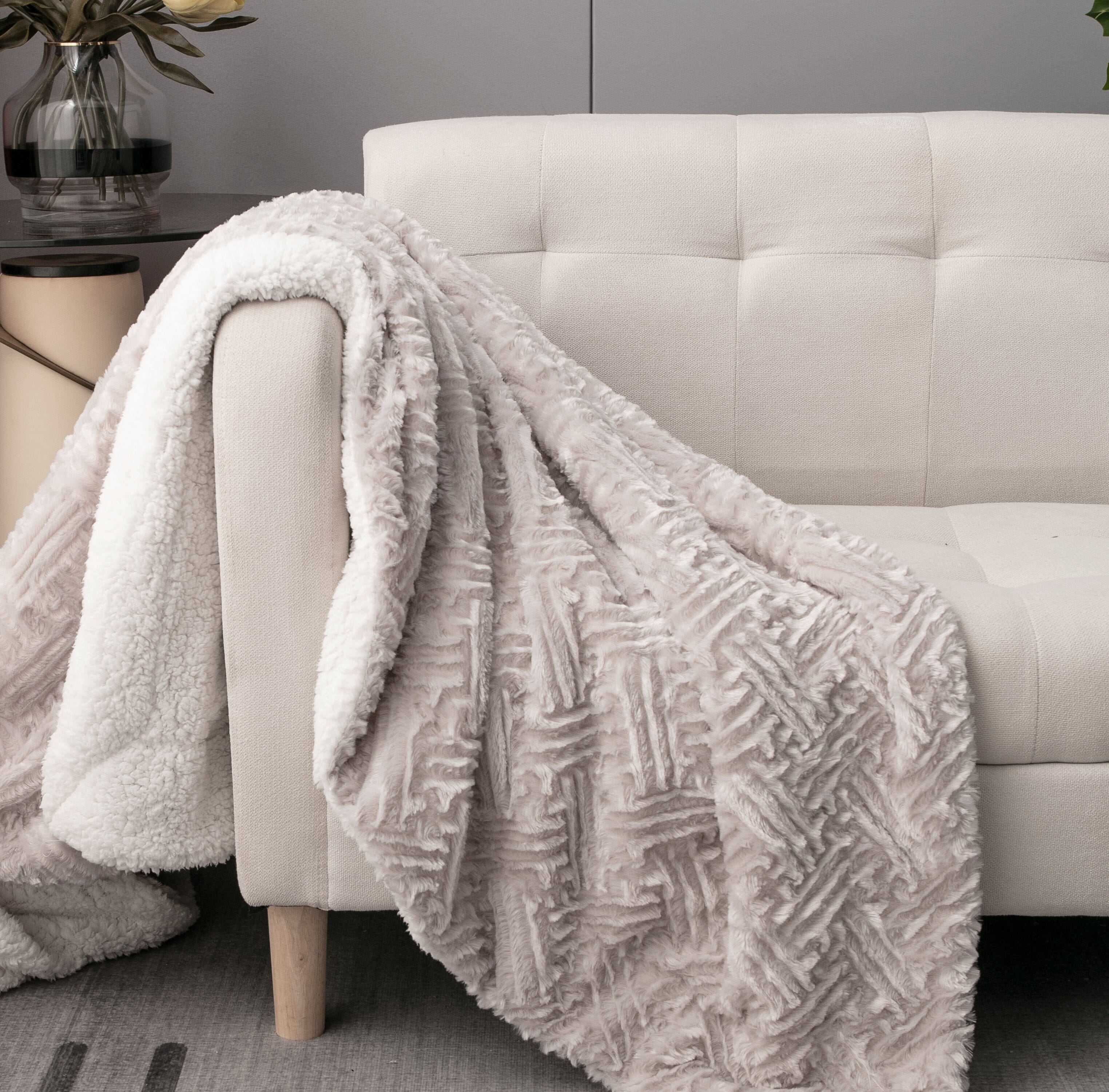 DaDalogy Bedding Lavender Grey Faux Fur Throw Blanket - Dreamy Geometric Embossed Sherpa Backside - Super Soft Warm Cozy Plush Fluffy - DaDa Bedding Collection