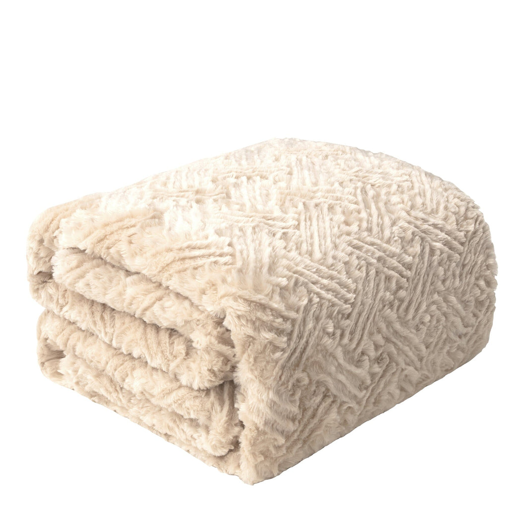 DaDalogy Bedding Champagne Ivory Faux Fur Throw Blanket - Dreamy Gold Geometric Embossed Sherpa Backside - Super Soft Warm Cozy Plush Fluffy - DaDa Bedding Collection