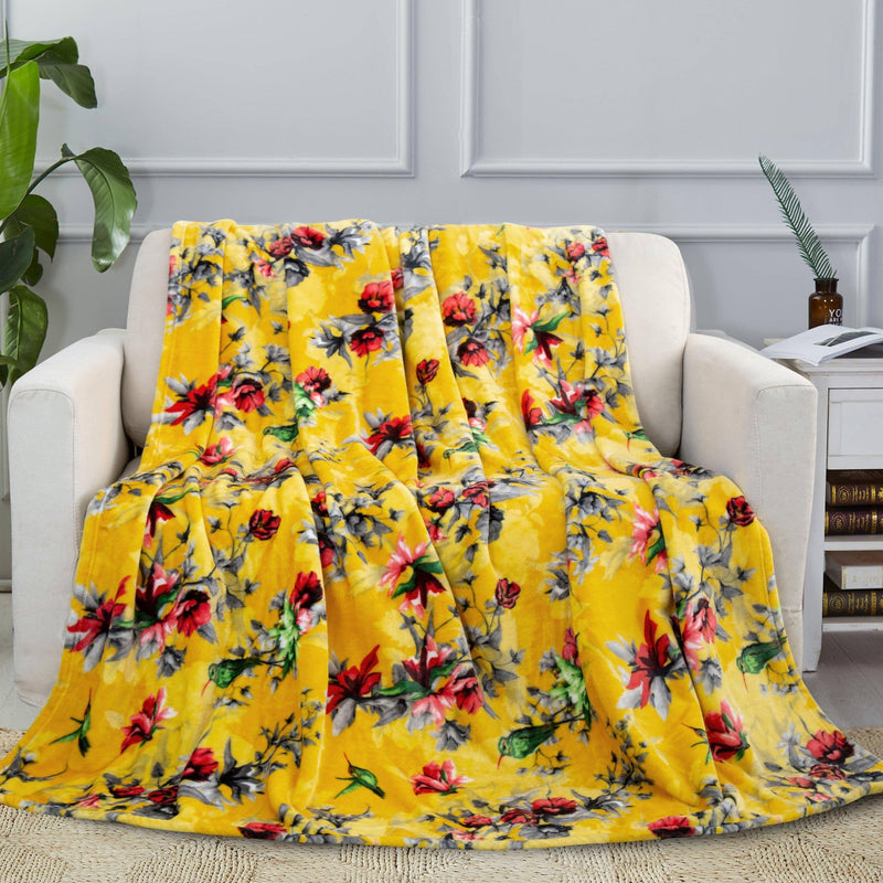 DaDa Bedding Yellow Farmhouse Rustic Spring Floral Hummingbirds Soft Fleece Throw Blanket (925) - DaDa Bedding Collection