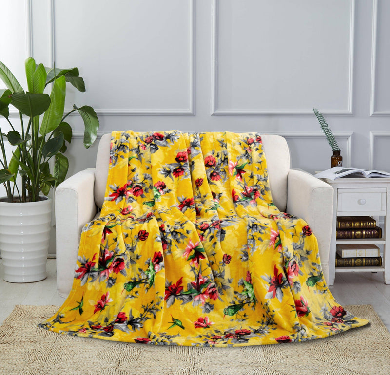 DaDa Bedding Yellow Farmhouse Rustic Spring Floral Hummingbirds Soft Fleece Throw Blanket (925) - DaDa Bedding Collection