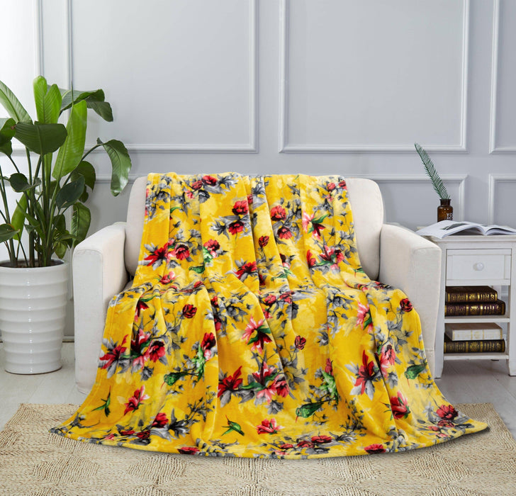 DaDa Bedding Yellow Farmhouse Rustic Spring Floral Hummingbirds Soft Fleece Throw Blanket (925)