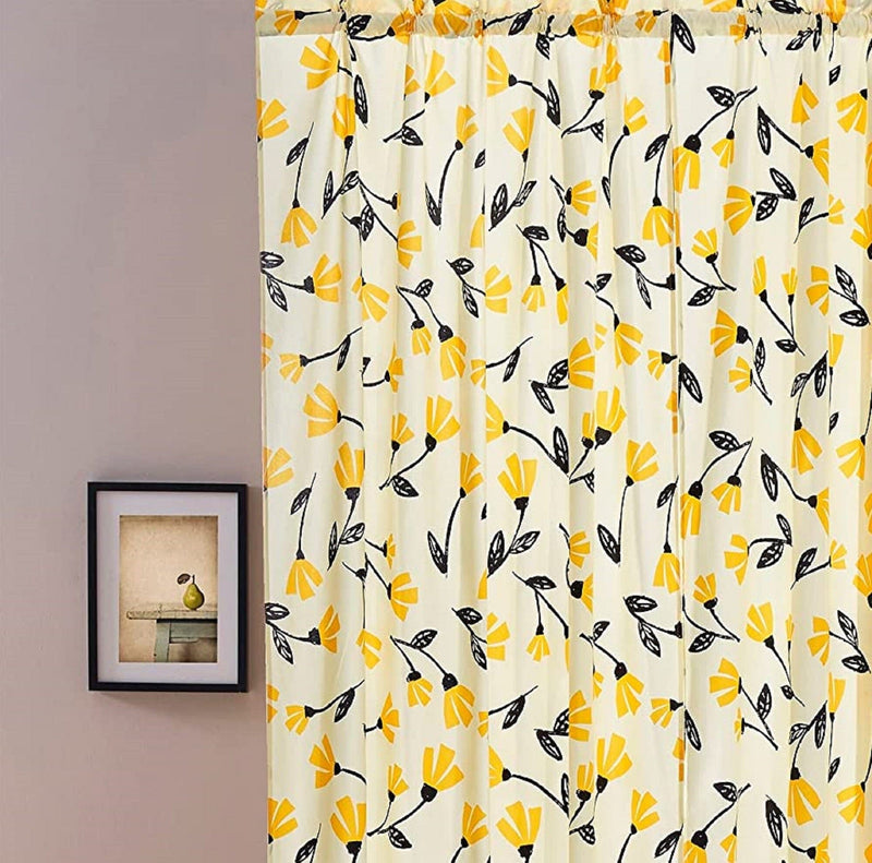 DaDa Bedding Set of 2 Botanical Floral Window Curtain Panels - Natural Semi Sheer Yellow Fleur Golden Orange Spring Time Tulips Straight Tailored Edge - DaDa Bedding Collection