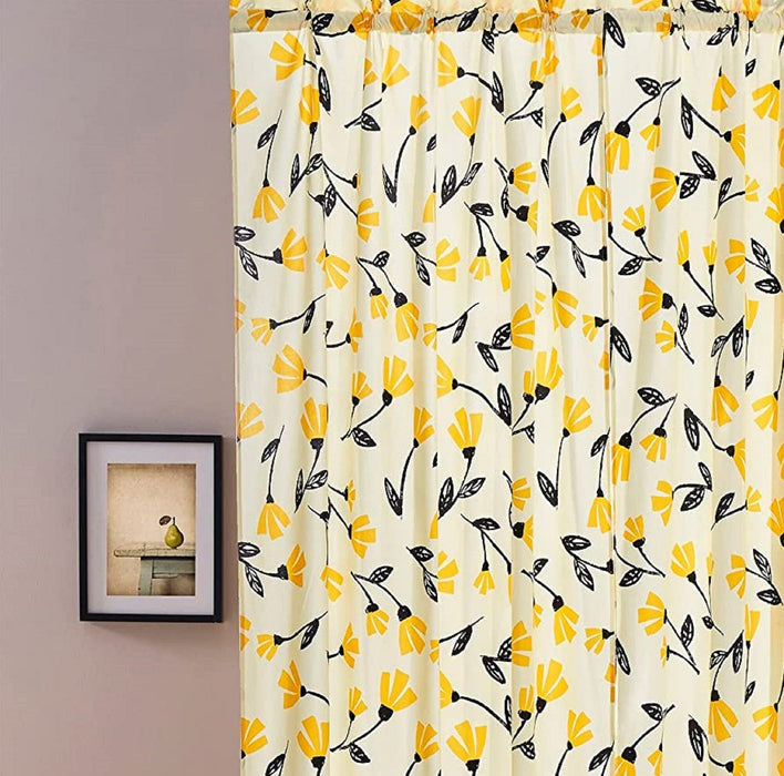 DaDa Bedding Set of 2 Botanical Floral Window Curtain Panels - Natural Semi Sheer Yellow Fleur Golden Orange Spring Time Tulips Straight Tailored Edge