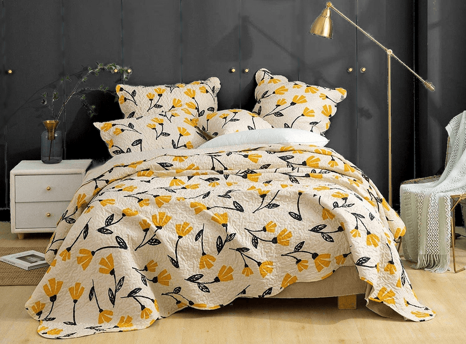 DaDa Bedding Yellow Fleur Floral Golden Orange Ivory Cream Scalloped Bedspread Set (18112)