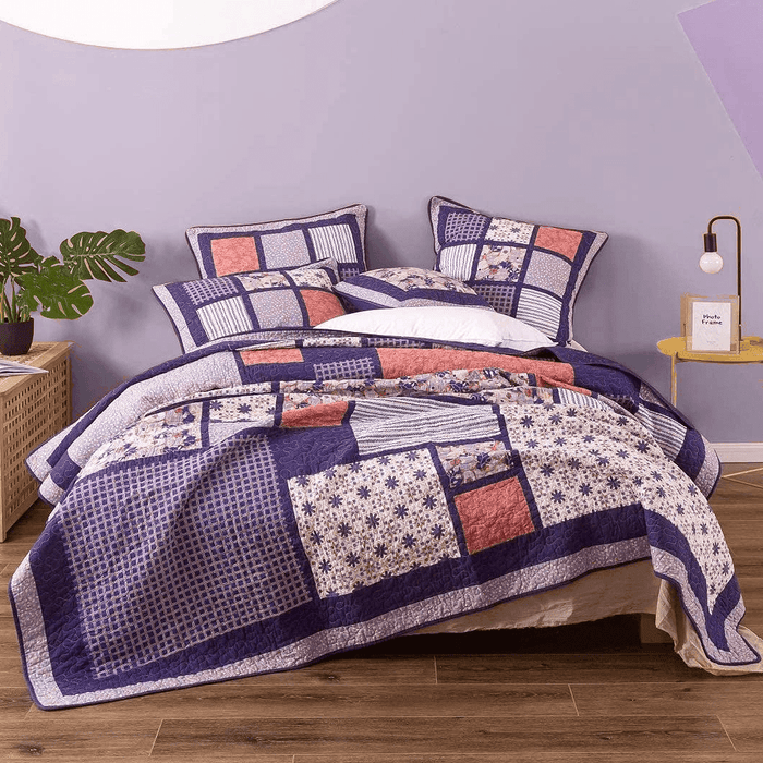 DaDa Bedding Peachy Pink Floral Blossoms Plum Purple Patchwork Quilted Bedspread Set - Designed in USA (JHW877)