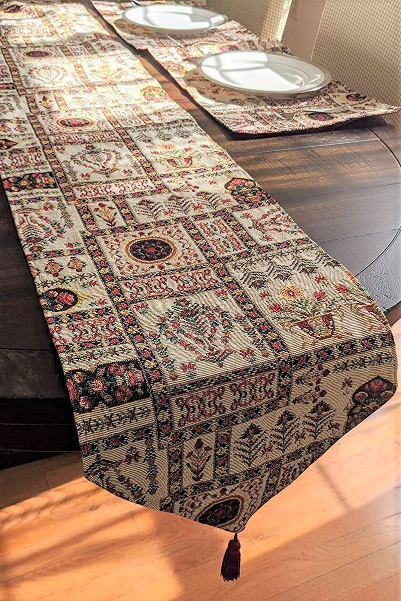 DaDa Bedding Set of 8 Pieces Light Botanical Mughal Floral Table Woven Tapestry - 4 Placemats, 2 Table Runners, 2 Throw Pillow Covers (18196) - DaDa Bedding Collection