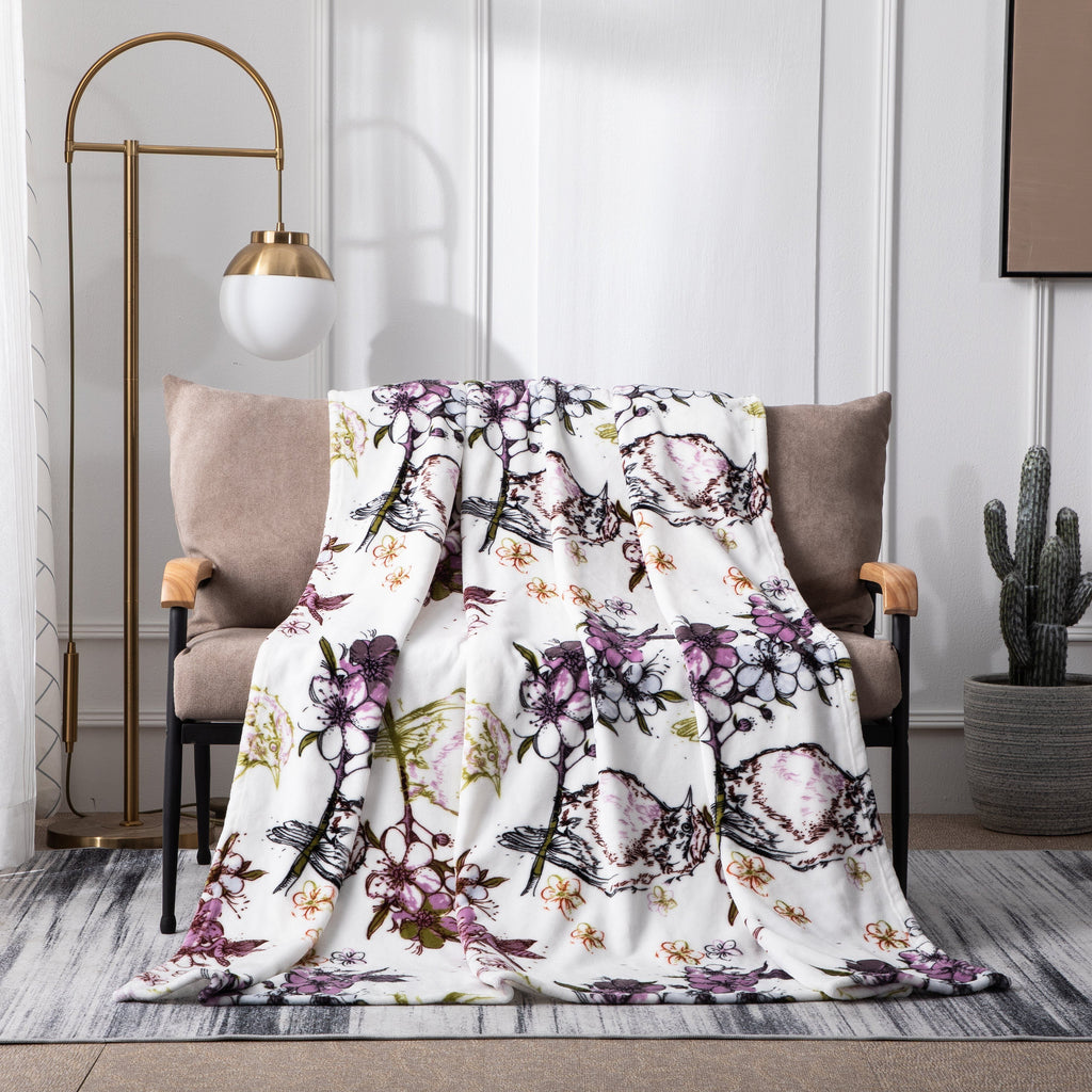 DaDa Bedding Floral Blossoms Spring Cottage Birds Soft Fleece Throw Blanket (XY1010) - DaDa Bedding Collection