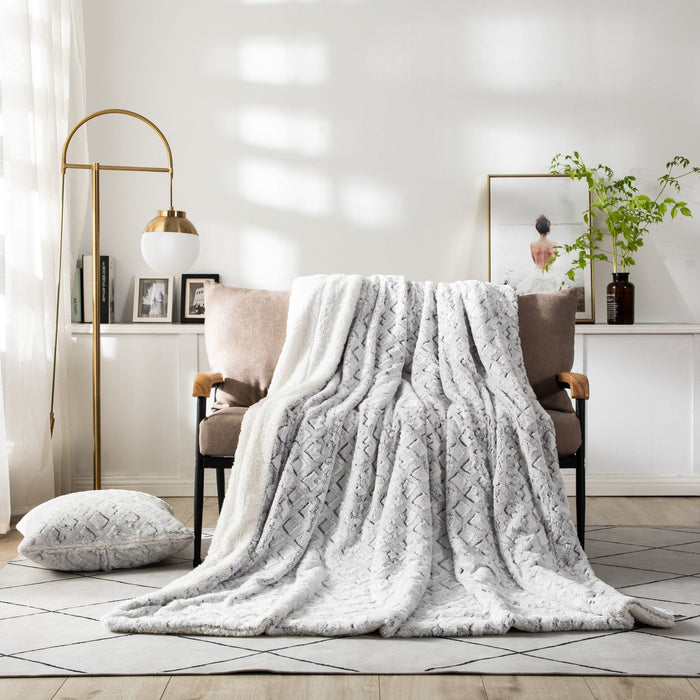 Dada Bedding Luxury White Faux Fur Throw Blanket - Dreamy Milky Way Cloud Purple Undertone Embossed Sherpa Backside - Super Soft Warm Cozy Plush