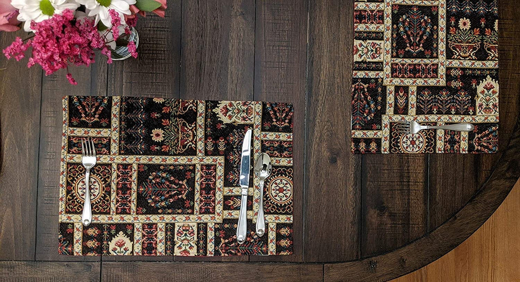 DaDalogy Bedding Set of 4-Pieces Dark Noir Mughal Floral Botanical Vintage Fleur Tapestry Placemats 13” x 19” (18197) - DaDa Bedding Collection