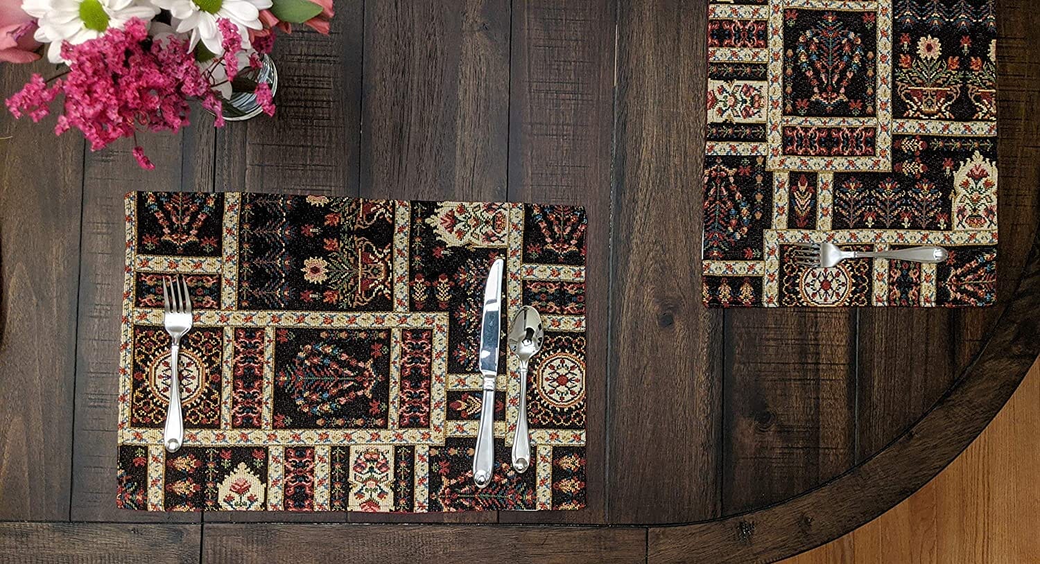 DaDalogy Bedding Set of 4-Pieces Dark Noir Mughal Floral Botanical Vintage Fleur Tapestry Placemats 13” x 19” (18197) - DaDa Bedding Collection