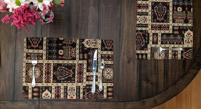 DaDalogy Bedding Set of 4-Pieces Dark Noir Mughal Floral Botanical Vintage Fleur Tapestry Placemats 13” x 19” (18197) - DaDa Bedding Collection
