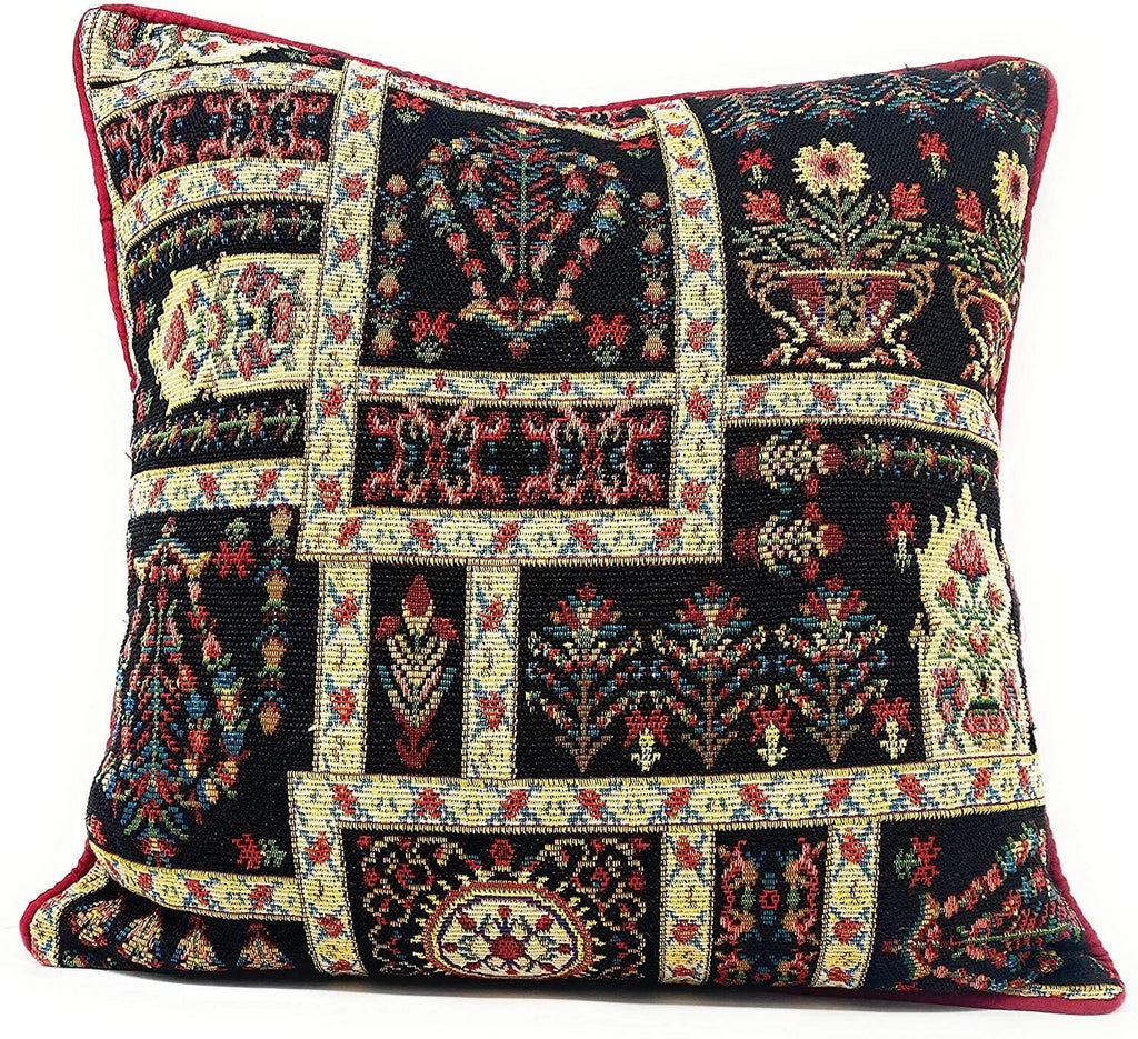 DaDa Bedding Set of 8 Pieces Dark Botanical Mughal Floral Table Woven Black Tapestry - 4 Placemats, 2 Table Runners, 2 Throw Pillow Covers (18197) - DaDa Bedding Collection