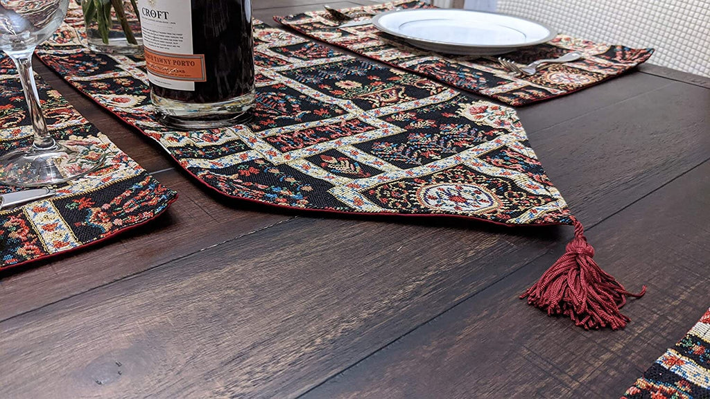 DaDalogy Bedding Elegant Woven Mughal Floral Tapestry Table Runner, Dark Noir Botanical Vintage Fleur (18197) - DaDa Bedding Collection
