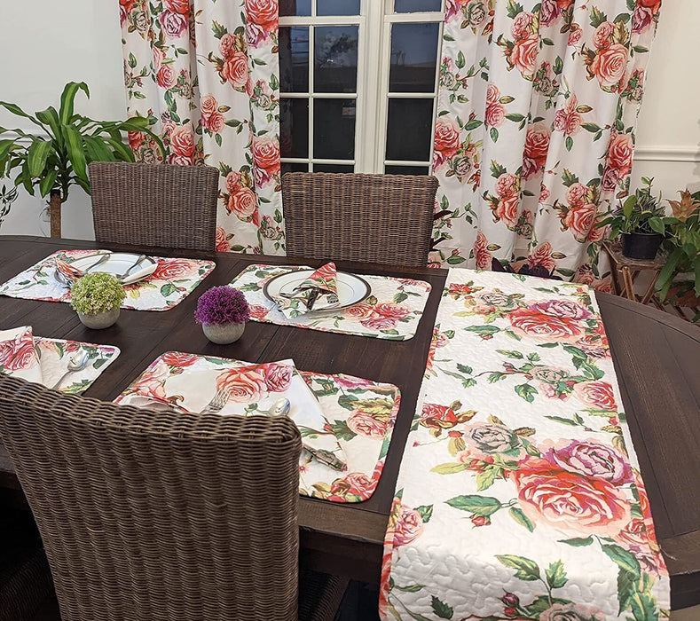 DaDa Bedding Set of 4-Pieces Romantic Roses Pink Floral Quilted Dining Placemats 13” x 19” (879) - DaDa Bedding Collection