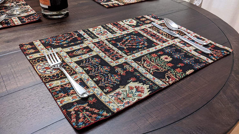 DaDalogy Bedding Set of 4-Pieces Dark Noir Mughal Floral Botanical Vintage Fleur Tapestry Placemats 13” x 19” (18197) - DaDa Bedding Collection