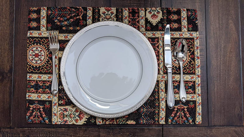 DaDalogy Bedding Set of 4-Pieces Dark Noir Mughal Floral Botanical Vintage Fleur Tapestry Placemats 13” x 19” (18197) - DaDa Bedding Collection