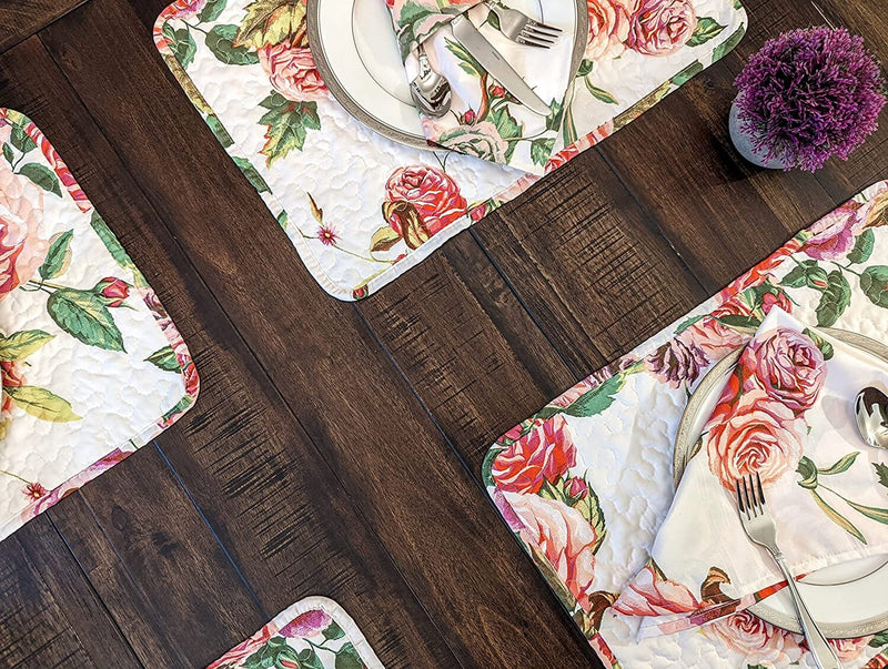DaDa Bedding Set of 4-Pieces Romantic Roses Pink Floral Quilted Dining Placemats 13” x 19” (879) - DaDa Bedding Collection