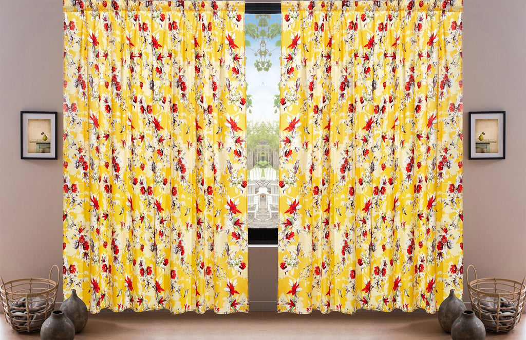 DaDa Bedding Set of 2 Radiant Sunshine Yellow Floral Window Curtain Panels - Natural Semi Sheer Hummingbirds Farmhouse Red Flowers Straight Tailored Edge - DaDa Bedding Collection