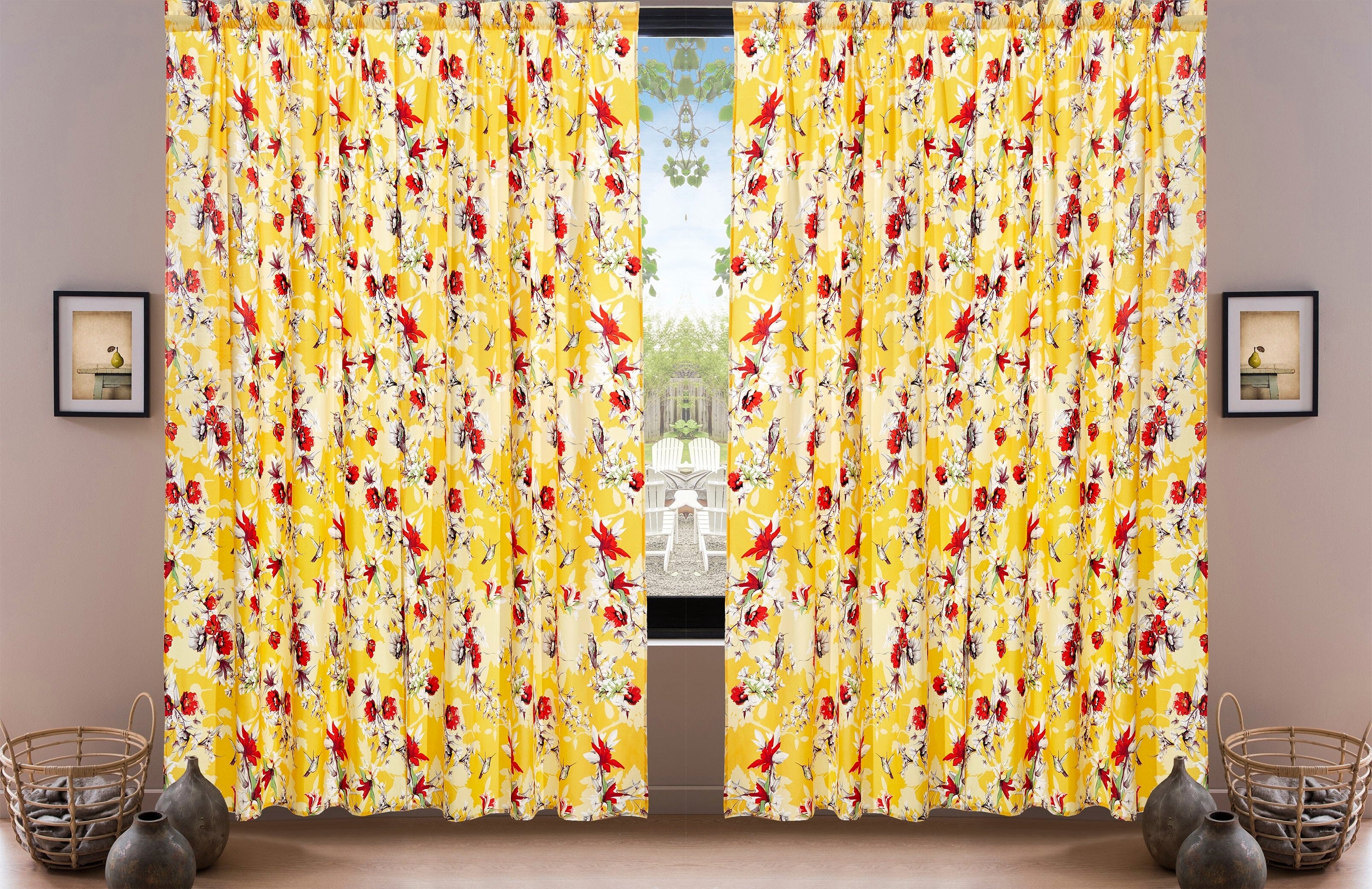 DaDa Bedding Set of 2 Radiant Sunshine Yellow Floral Window Curtain Panels - Natural Semi Sheer Hummingbirds Farmhouse Red Flowers Straight Tailored Edge - DaDa Bedding Collection