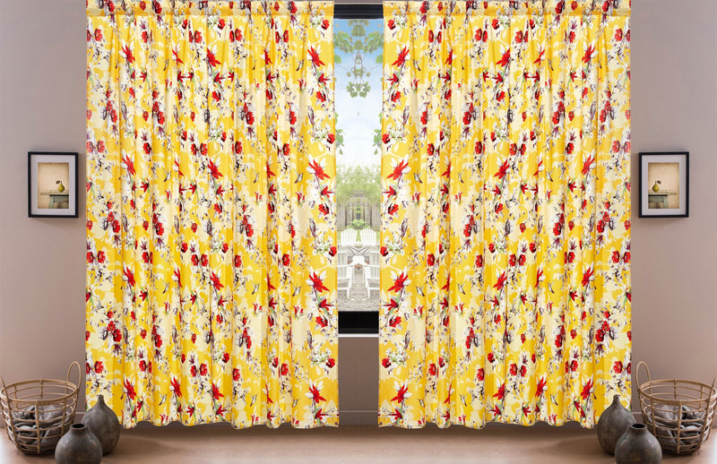 DaDa Bedding Set of 2 Radiant Sunshine Yellow Floral Window Curtain Panels - Natural Semi Sheer Hummingbirds Farmhouse Red Flowers Straight Tailored Edge - DaDa Bedding Collection