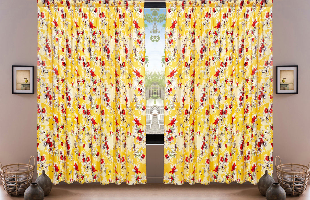 DaDa Bedding Set of 2 Radiant Sunshine Yellow Floral Window Curtain Panels - Natural Semi Sheer Hummingbirds Farmhouse Red Flowers Straight Tailored Edge
