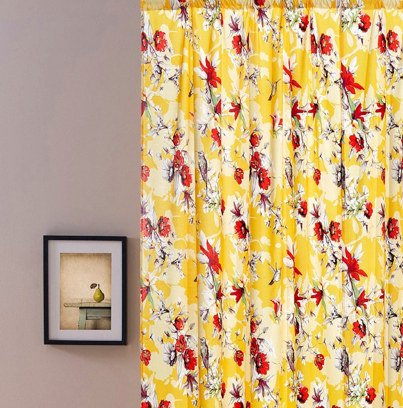 DaDa Bedding Set of 2 Radiant Sunshine Yellow Floral Window Curtain Panels - Natural Semi Sheer Hummingbirds Farmhouse Red Flowers Straight Tailored Edge - DaDa Bedding Collection