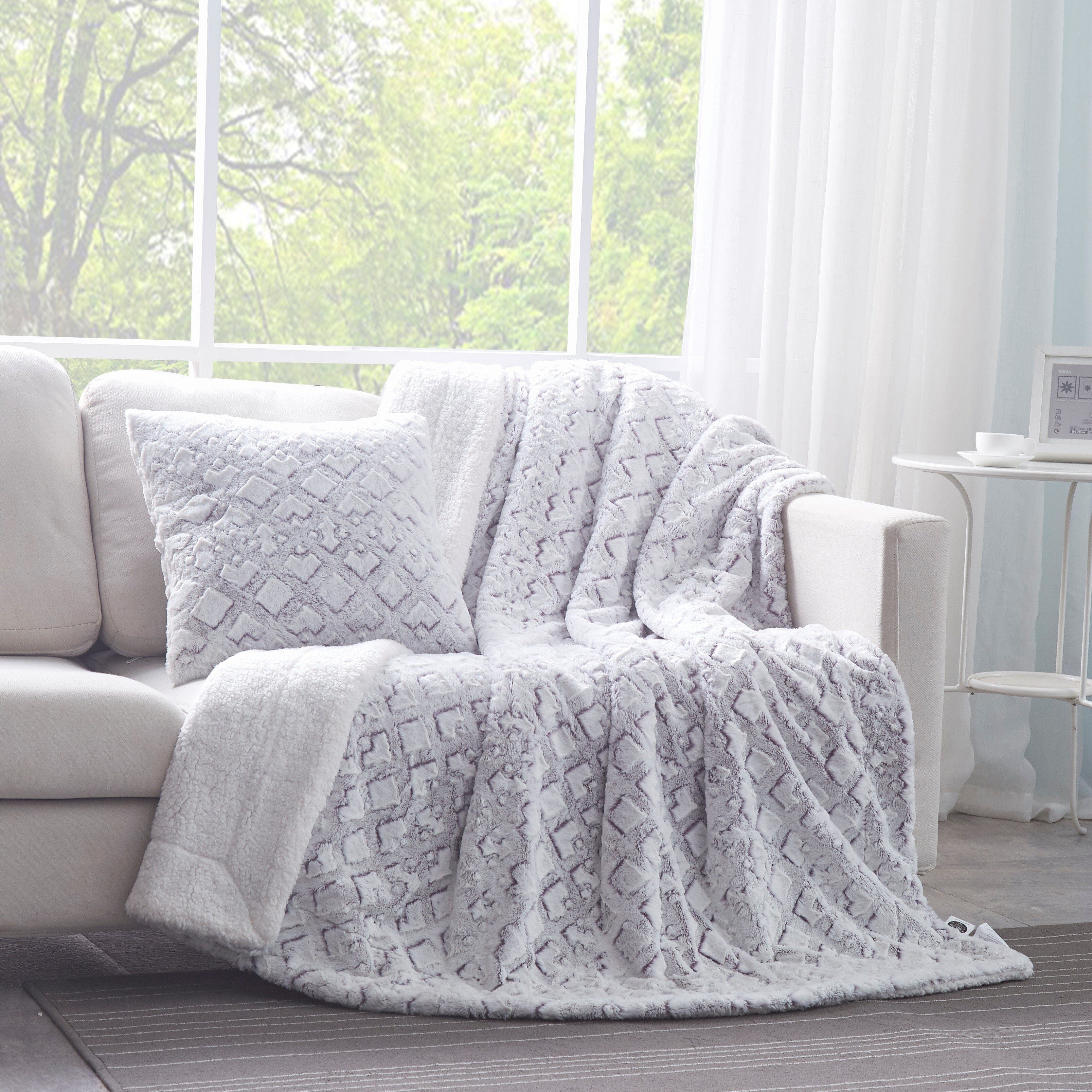 DaDa Bedding Dreamy Milky Way White & Purple Embossed Faux Fur Euro Throw Pillow Cover (M3395) - DaDa Bedding Collection