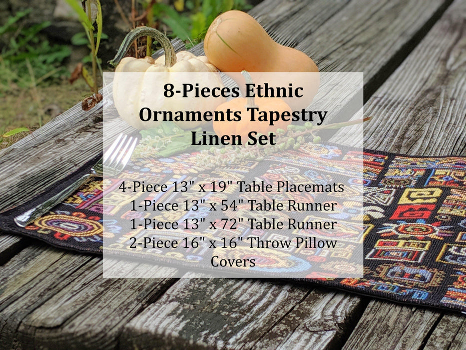 DaDa Bedding Set of 8 Pieces Ethnic Ornaments Table Woven Black Tapestry - 4 Placemats, 2 Table Runners, 2 Throw Pillow Covers (18118) - DaDa Bedding Collection