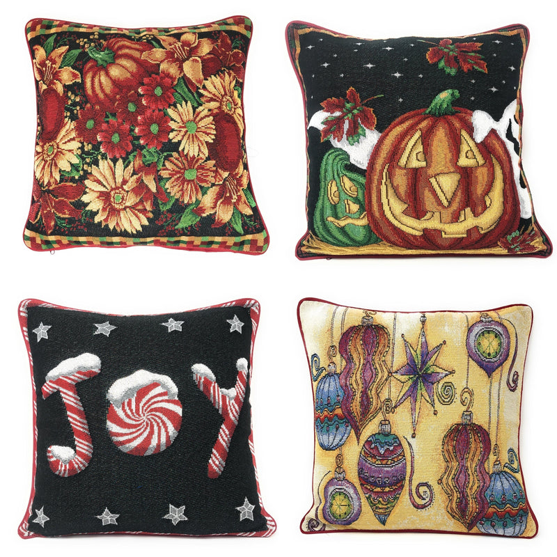 DaDa Bedding Set of 4 Pieces - Autumn Harvest Halloween & Christmas Ornaments Holiday Tapestry Throw Pillow Covers Bundle Pack - 16" x 16" - DaDa Bedding Collection
